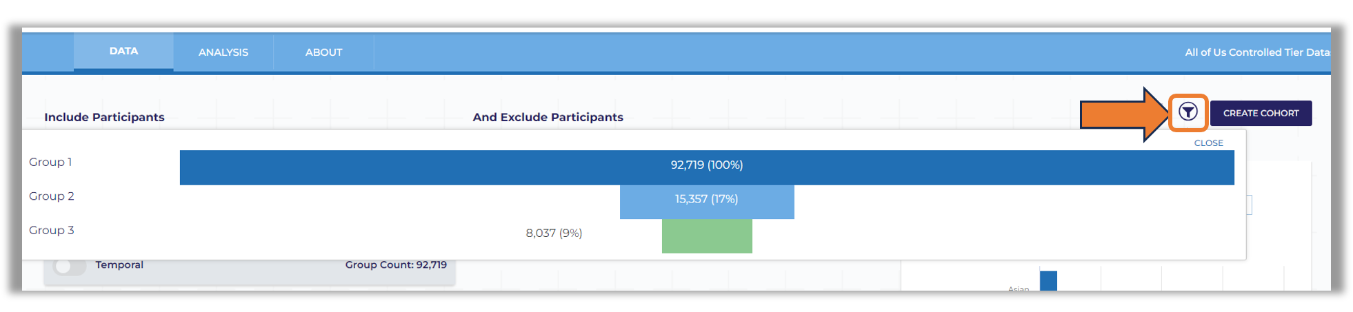 To access the funnel plot, you will select the funnel plot icon to the left of the create cohor button that is located in the top right hand corner of the Cohort Builder screen.