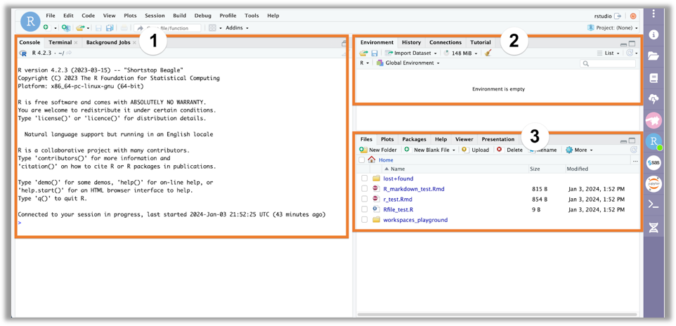A screenshot demonstrating the RStudio application when you open it, with three panes: the console pane, the environment pane, and the files and plots pane