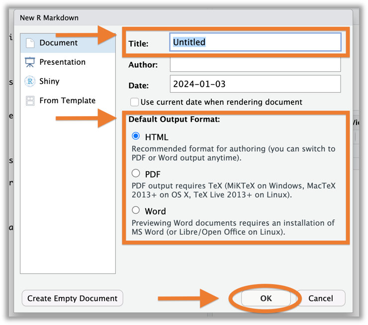 A screenshot showing the information screen that pops up to create a new .Rmd file