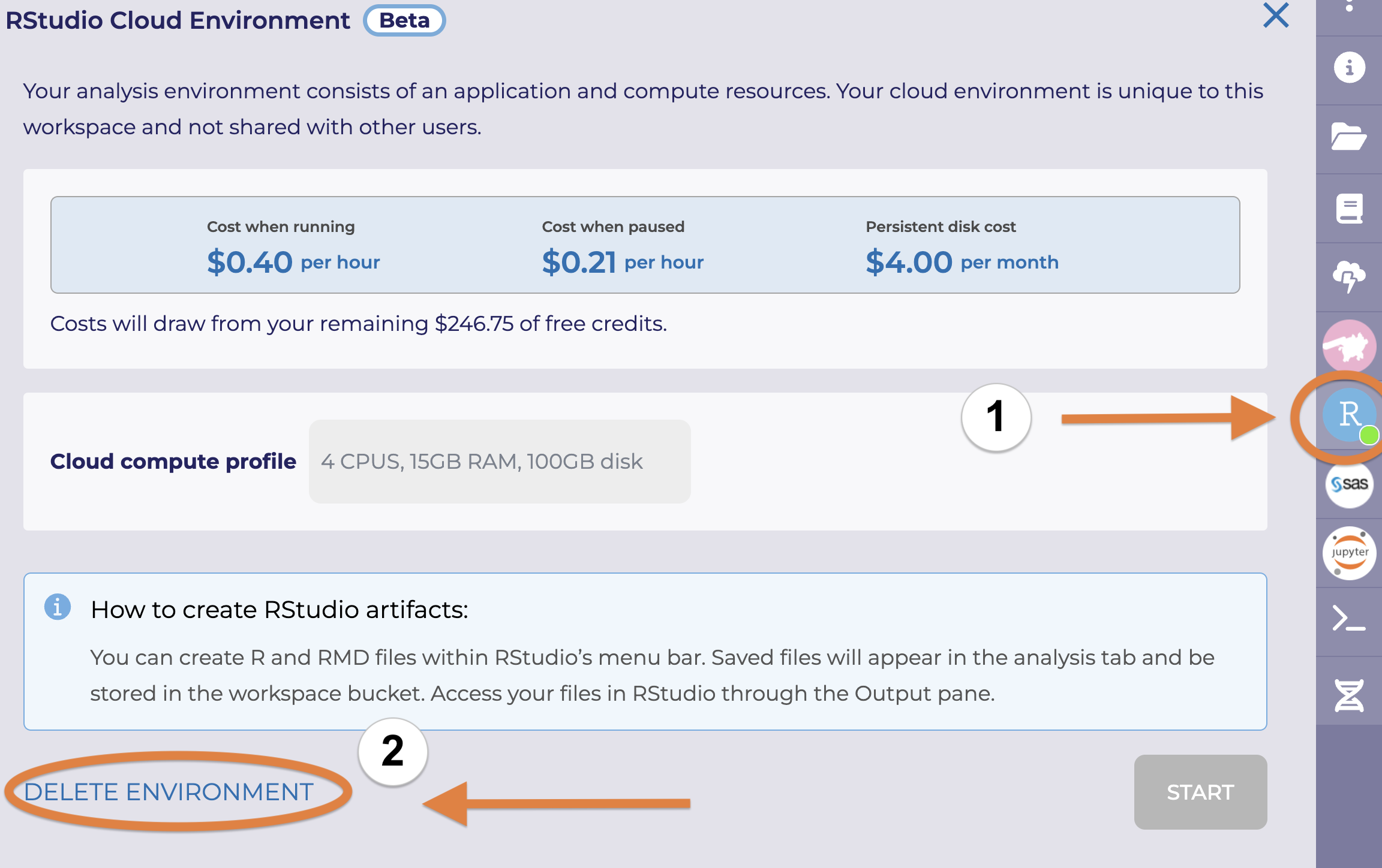  screenshot of the RStudio cloud environment information screen highlighting the delete environment button