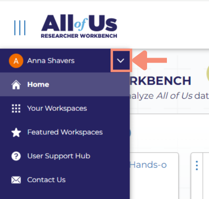 The down arrow is a white arrow down and sits to the right of your name in the navigation panel. After you click the down arrow, additional options appear that are clickable including profile, data access requirements, cloud environments (BETA), and sign out.