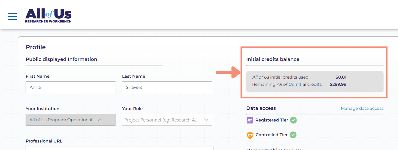 The initial credits balance section is located in the top right of your profile page. Your All of Us initial credits used and the remaining all of us initial credits are displayed with the corresponding dollar amount of credits remaining or used.