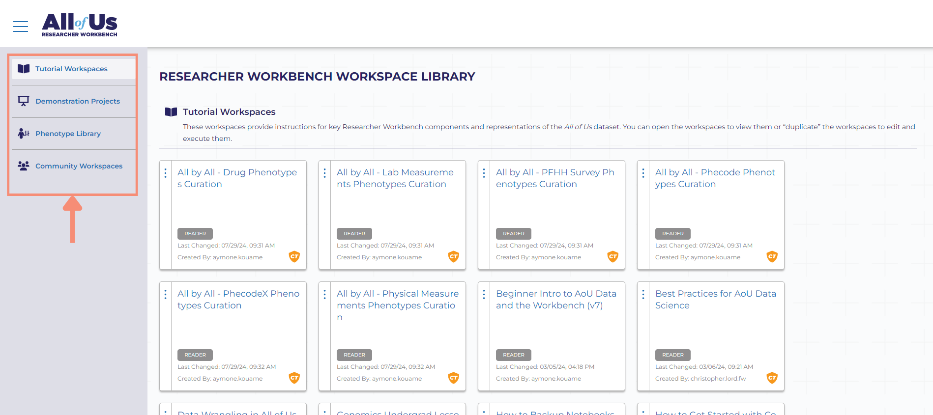 Depending on the type of featured workspaces you click, you will see a list of featured workspaces to the right of the navigation bar on the left. Each workspace is contained within a square box that includes the title, a gray icon with reader displayed, a last changed date and time, a created by tag with the Researcher Workbench user name, and a CT shield tag if the workspace requires Controlled Tier access.
