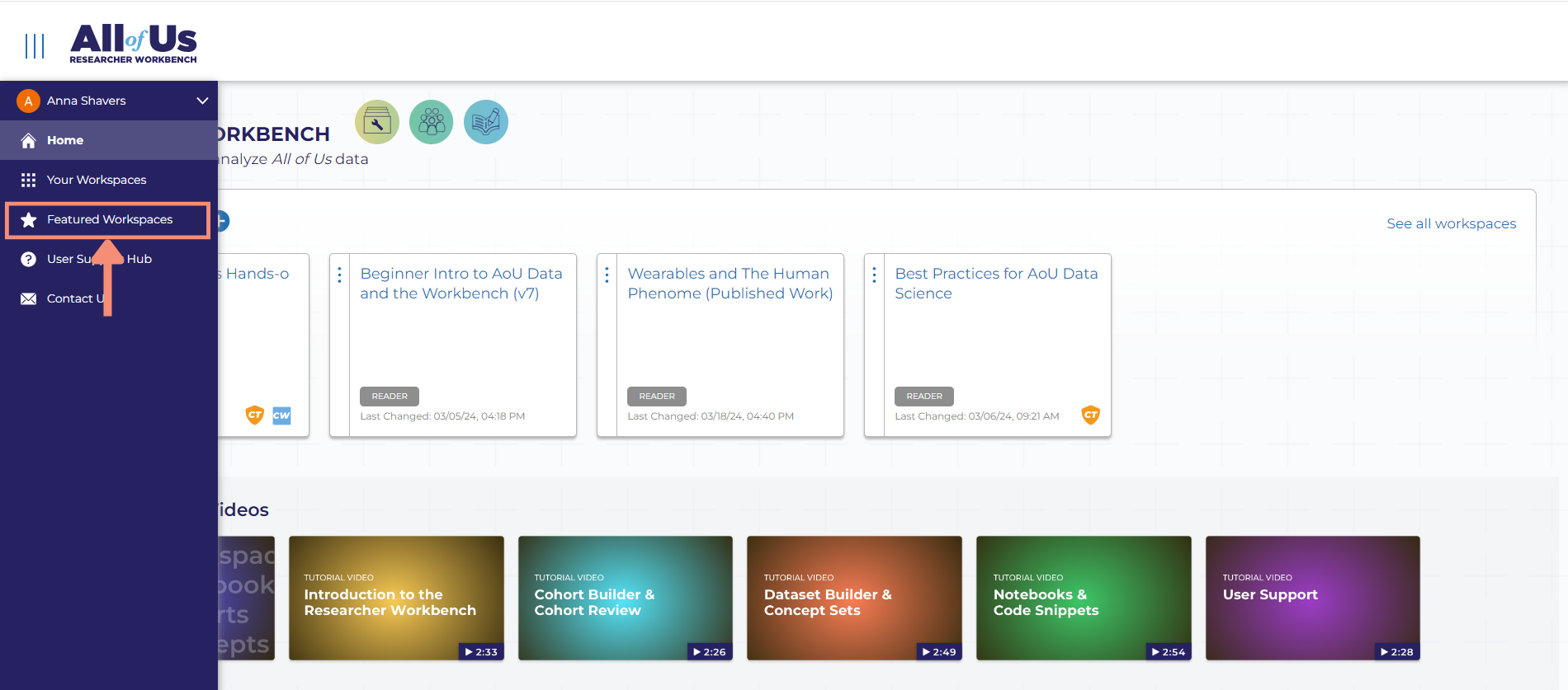 After clicking featured workspaces, you will see the Researcher Workbench workspace library with a navigation bar will appear on the left with tutorial workspaces, demonstration projects, phenotype library, and community workspaces.