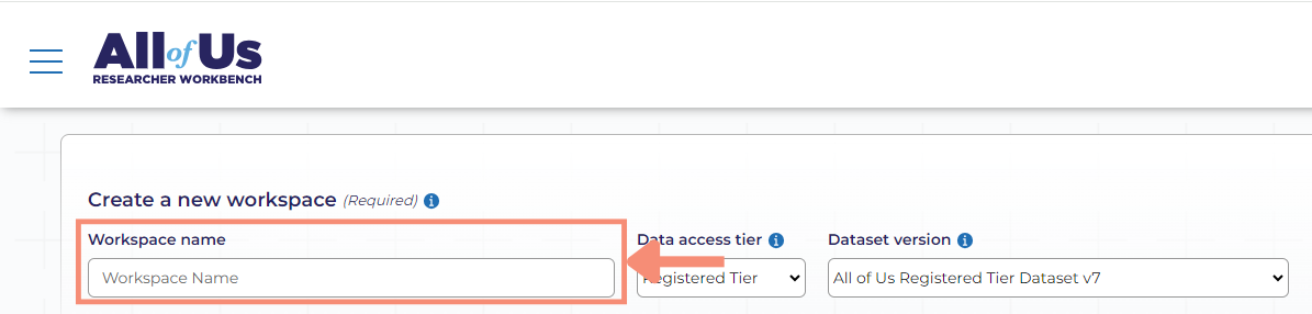 The Workspace name is an open text box. After typing the name of your workspace, there is the data access tier directly to the right.