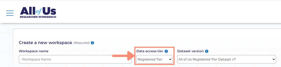 The data access tier is a drop-down menu with the options: Registered Tier and Controlled Tier. After you select the data access tier, there is the dataset version directly to the right.