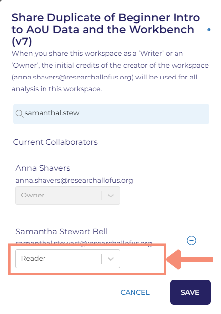 In the bottom right of the share your workspace name pop-up, there is a blue save button.