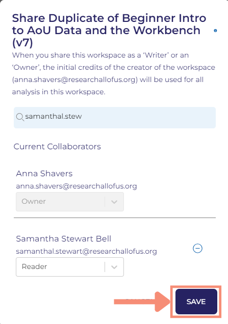 You have successfully shared a workspace. The Researcher Workbench home screen will appear.