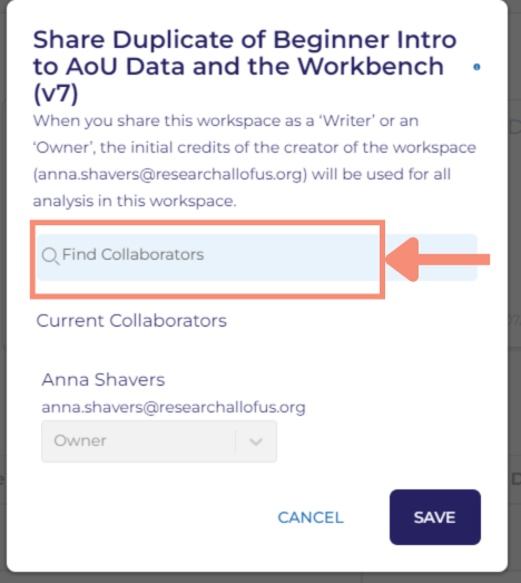 Based on your search, a list of registered Researcher Workbench users will appear in a dropdown. You will see the user's name and their @researchallofus.org credentials. To the right of each user, there is a light blue plus sign inside a light blue circle.