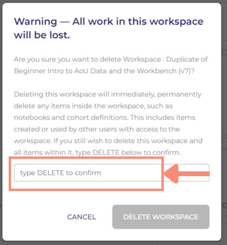 In the bottom right, a grayed out delete workspace button will turn blue after you type delete in the text field.