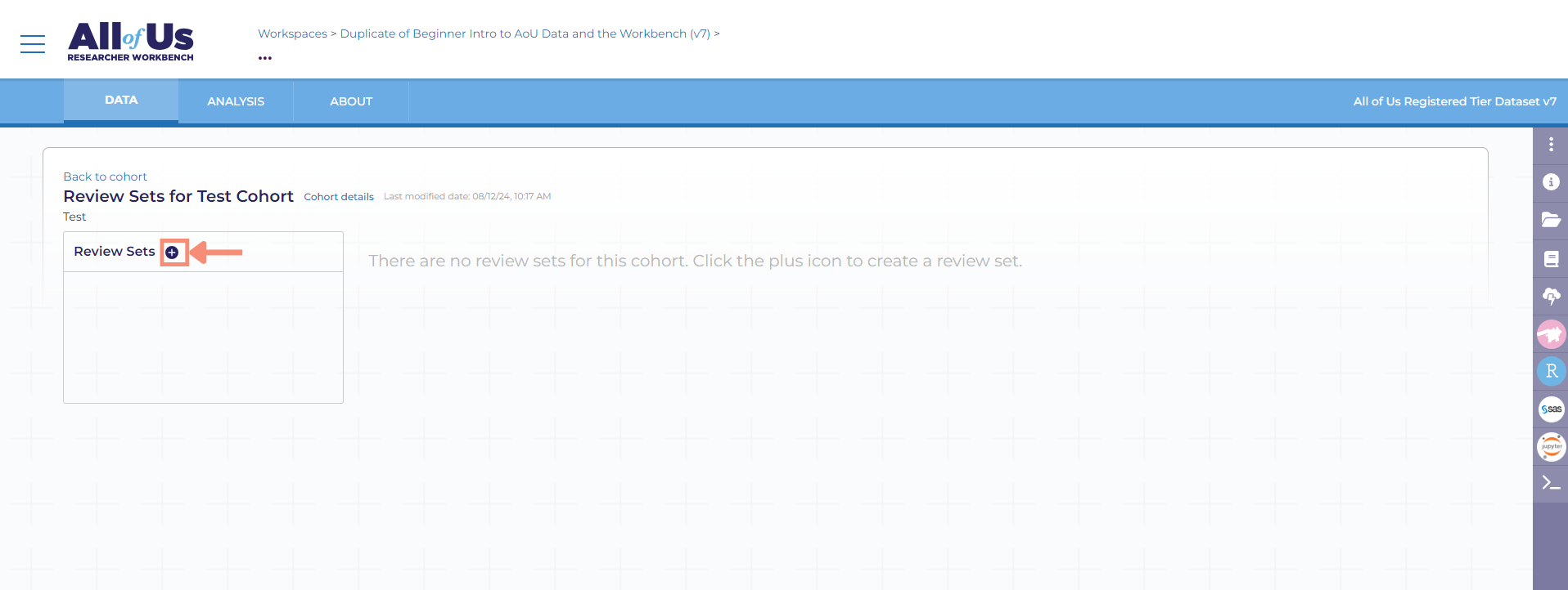 The white plus sign on top of a dark blue circle is located to the right of the “review sets” heading. After you click the plus sign, a pop-up will appear with the heading “Create Review Set.” The pop-up will request you name your cohort review and enter a number of participants to include in your cohort review.