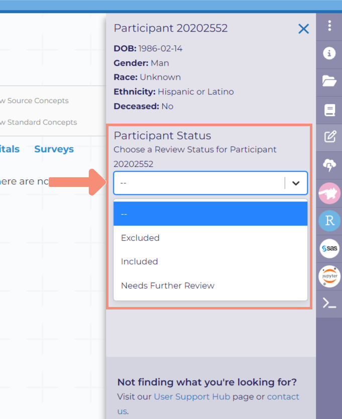 Marking a participant as “Excluded” will exclude them from the cohort. Marking a participant as “Included” will ensure inclusion within your cohort. Marking a participant as “Needs Further Review” will mark the participant for you to easily access for additional review.
