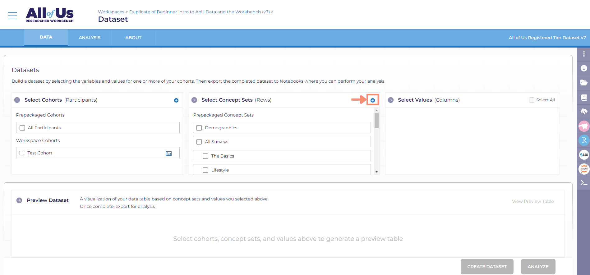 After clicking the white plus sign on top of the blue circle, the Search Concepts page will display. The Search Concepts page includes the domains (conditions, drug exposures, labs and measurements, etc.) and the data available in the Researcher Workbench.