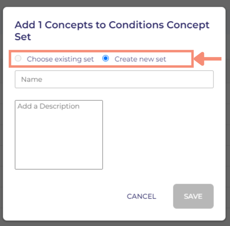 Under the radio button for choose existing set or create new set, there is a text field box for the name of your concept set and a text field for your concept set’s description. 