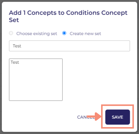 After you click save, the Concept Set Saved Successfully screen will appear.