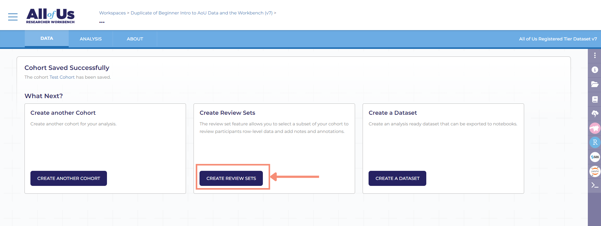 On the Cohort saved successfully screen, you have three options for what to do next. You can choose to create another cohort, create a review set, and create a dataset. For reviewing participants with the cohort review, you will click the blue create review set button at the bottom of the center card. After clicking “Create review sets,” you will be taken to the review sets for your cohort page.