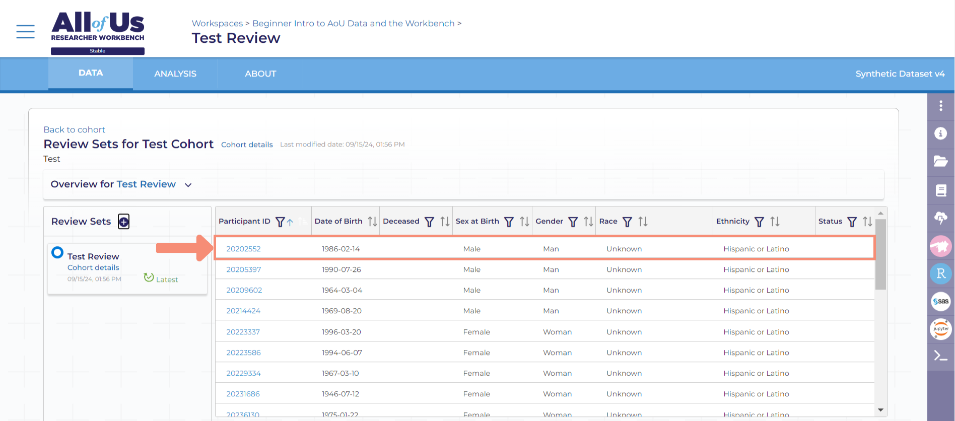When you click on an individual participant row, you will be taken to a summary screen related to the specific participant you clicked on, including the various events, conditions, procedures, drugs, etc. related to the participant’s record.