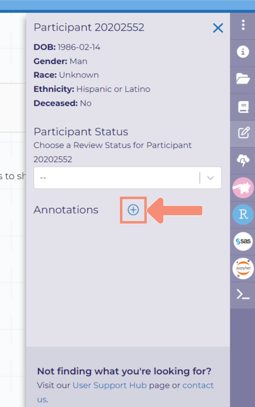 The light blue plus sign in the light blue circle is to the right of the “Annotations” heading. When you click the light blue plus sign, a pop-up will appear titled “Create a Review-Wide Annotation Field” with a drop-down for the type of annotation and then a name field.