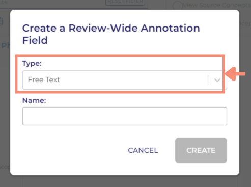 After you select your type of annotation from the drop-down, you can enter a name for the annotation. The “Create” button will be grayed out until you select the type of annotation from the drop-down and name the annotation.