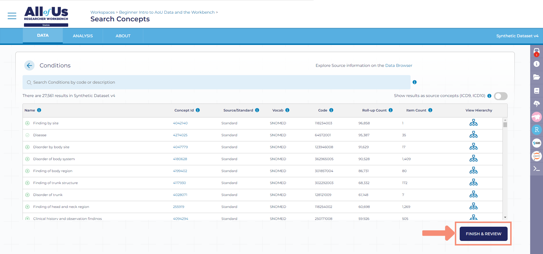 After clicking Finish and Review, a panel will appear on the right title “Selected Concepts.” All the concepts you selected will appear in the panel. You can remove any concepts by clicking the red x within a red circle to the left of any of the concepts listed. In the bottom right of the panel, there will be a blue Save Concept Set button.