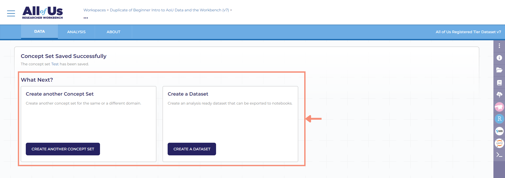 On the Concept Set Saved Successfully screen, you have two options for what to do next. You can choose to create another concept set. To create another concept set, click the create another concept set button at the bottom of the left-hand card. You can also choose to create a dataset. To create a dataset, you would click the create a dataset button at the bottom of the center card.