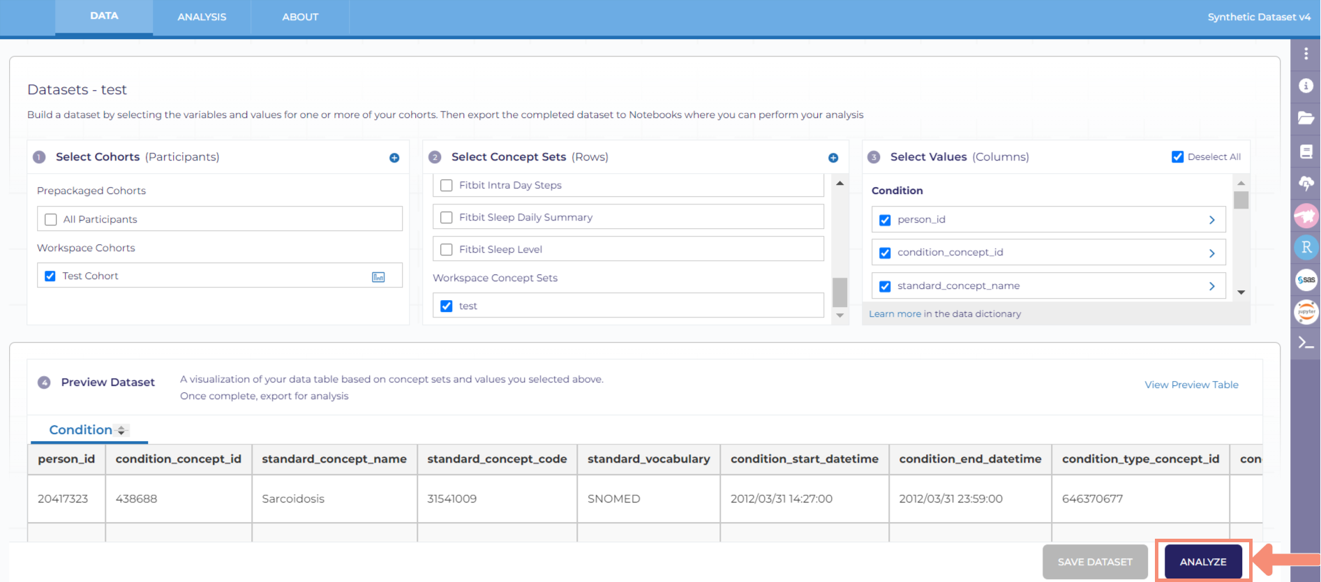After clicking the blue analyze button, a pop-up will appear titled Export Dataset. This pop-up is where you will select your programming language via radio buttons for R, Python, or SAS and preview your code.
