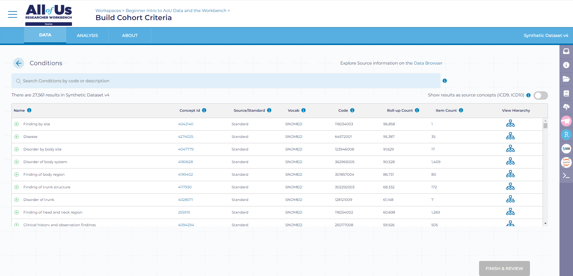 To select the program data, domains, and concepts, click on the text of interest. Depending on the data, domain, or concept you select, a screen will appear related to that specific data, domain, or concept. For example, clicking on physical measurements will bring up a screen that includes additional selections related to blood pressure, heart rate, height, weight, and BMI.