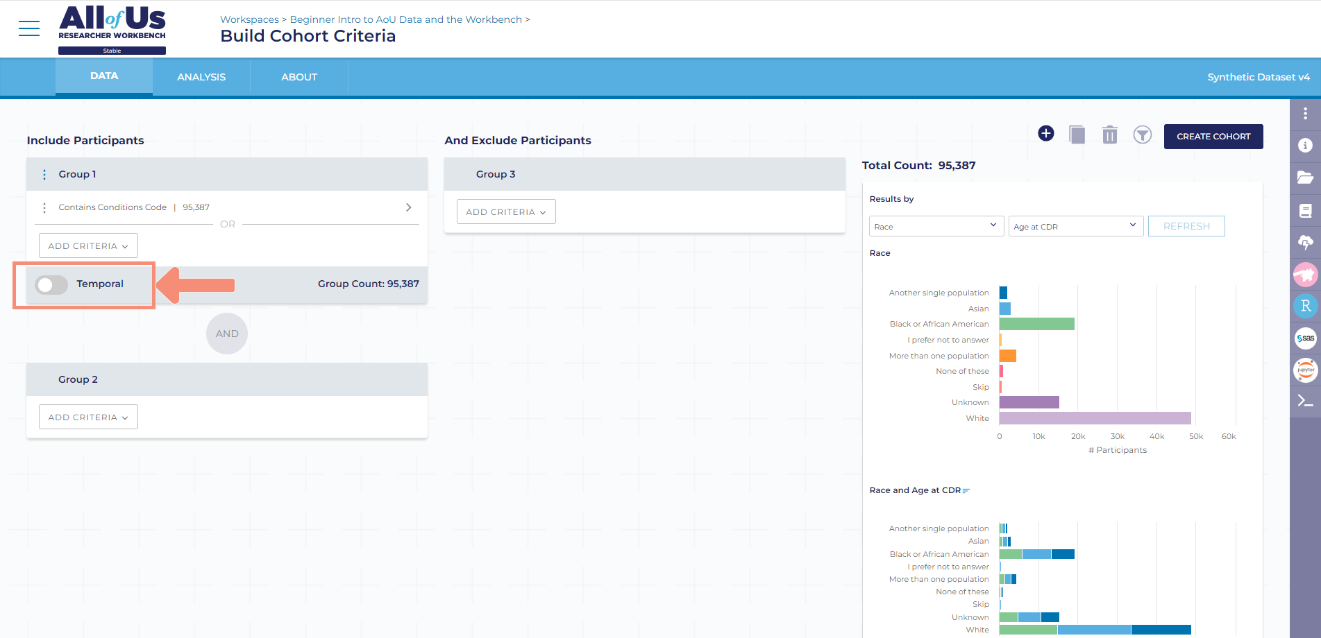 After you toggle the temporal feature on in the Cohort Builder, additional fields will appear, including the timing of when the first criteria (the criteria you just selected) appears in the data. The timing of when the first criteria dropdown appears above the criteria you just selected.