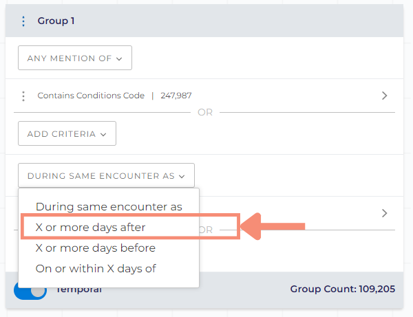 X or more days after is the second option displayed on the menu. A text field box will appear to the right of the drop down you selected X or more days after in.