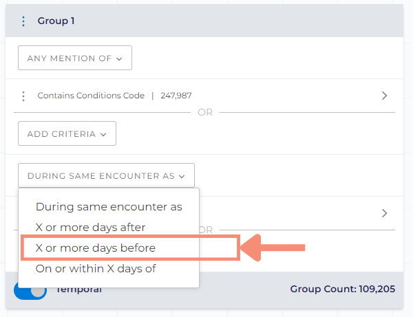 X or more days before is the third option displayed on the menu. A text field box will appear to the right of the drop down you selected X or more days before in.