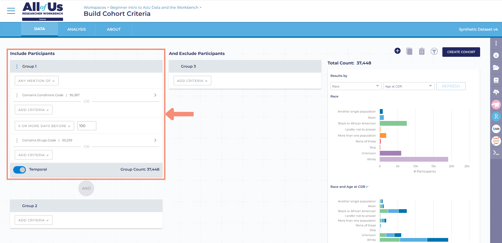 On the right panel, you can see a running total, or “Total Count” of participants that will be included in your research project’s cohort based on your inclusion criteria with the temporal feature. The refresh button is on the top right of the Total Counts section panel on the right of your Builder Cohort Criteria screen. In the Total Counts panel, you can see your cohort by race and race and age at CDR. On the top right of the Cohort Builder, there is a blue create cohort button.