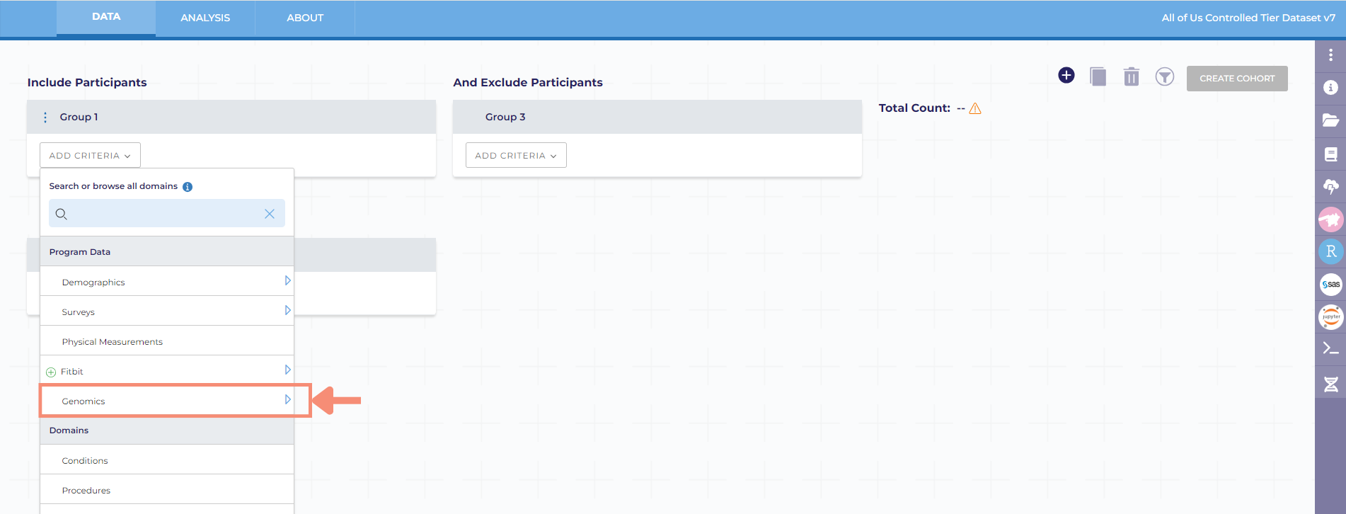 In the top right corner of the create cohort screen, there will be a grayed out create cohort button. After you select the structural variant data, the create cohort button will be blue and no longer grayed out. 