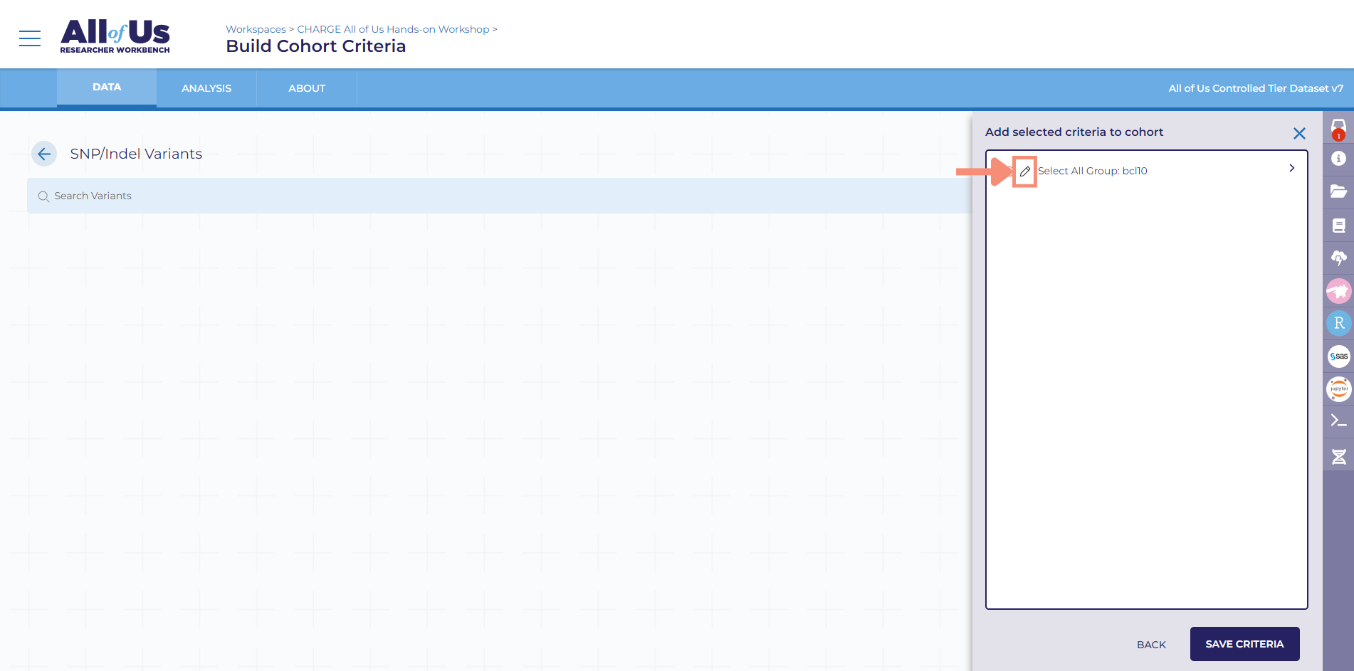 The gray pencil line icon is in the pop-up for reviewing your selected criteria that appears after clicking finish and review. The gray pencil line icon is directly to the left of the Select All Group: your variant of interest. After clicking the gray pencil icon, all the variants related to your variant group search will appear in a list. Each line will include a green plus sign circle and a red x circle to the left of the variant id. You can include and exclude specific variations using the green plus sign and the red x sign respectively.