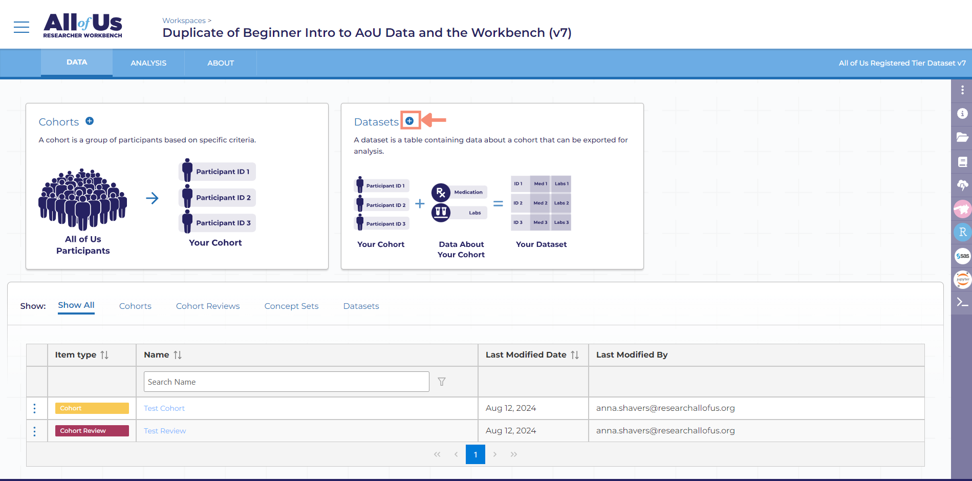 After clicking the white plus sign on top of the blue circle, the Dataset Builder page will display. The Dataset Builder includes four sections: Select Cohorts (Participants) on the left, Select Concept Sets (Rows) in the middle, Select Values (Columns) to the right, and Preview Dataset on the bottom.