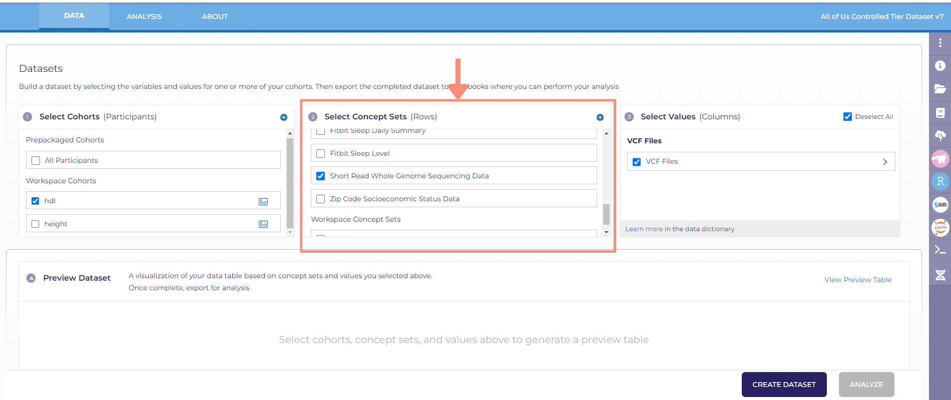 The select concept sets column includes all the concept sets available to you. The short-read whole genome sequencing data concept set is a pre-made concept set for genomic analysis. To select the concept set, you will click the checkbox to the left of the concept set.