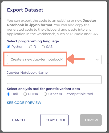 Select a current Jupyter Notebook or creating a new notebook is a drop down option.
