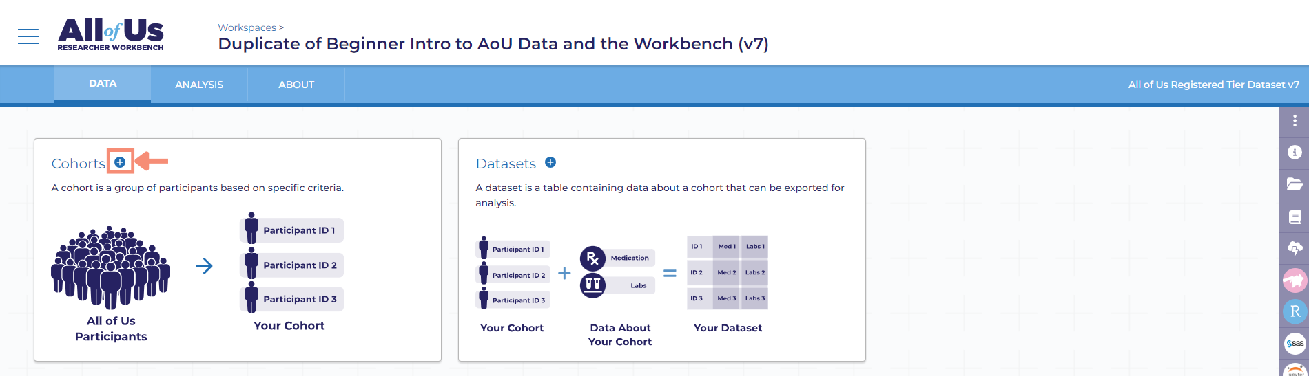 The workspace’s data tab includes the Cohort Builder and the Dataset Builder. The Cohort Builder is displayed on the left inside of the screen in a white card with the title Cohorts. A cohort is a group of participants based on specific criteria. Think of your cohort as a subsection of all of the All of Us participants. The white plus sign on top of a blue circle is to the right of the “Cohorts” title. After you click the white plus sign on top of a blue circle, the Build Cohort Criteria page appears with include participants, group 1, and add criteria.