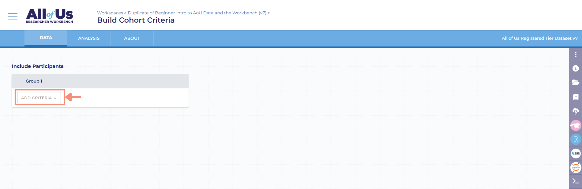After clicking add criteria button, a dropdown appears. You can search or browse through the program data, domains, and concepts available in the Researcher Workbench. This includes demographics, surveys, physical measurements, conditions, procedures, etc.