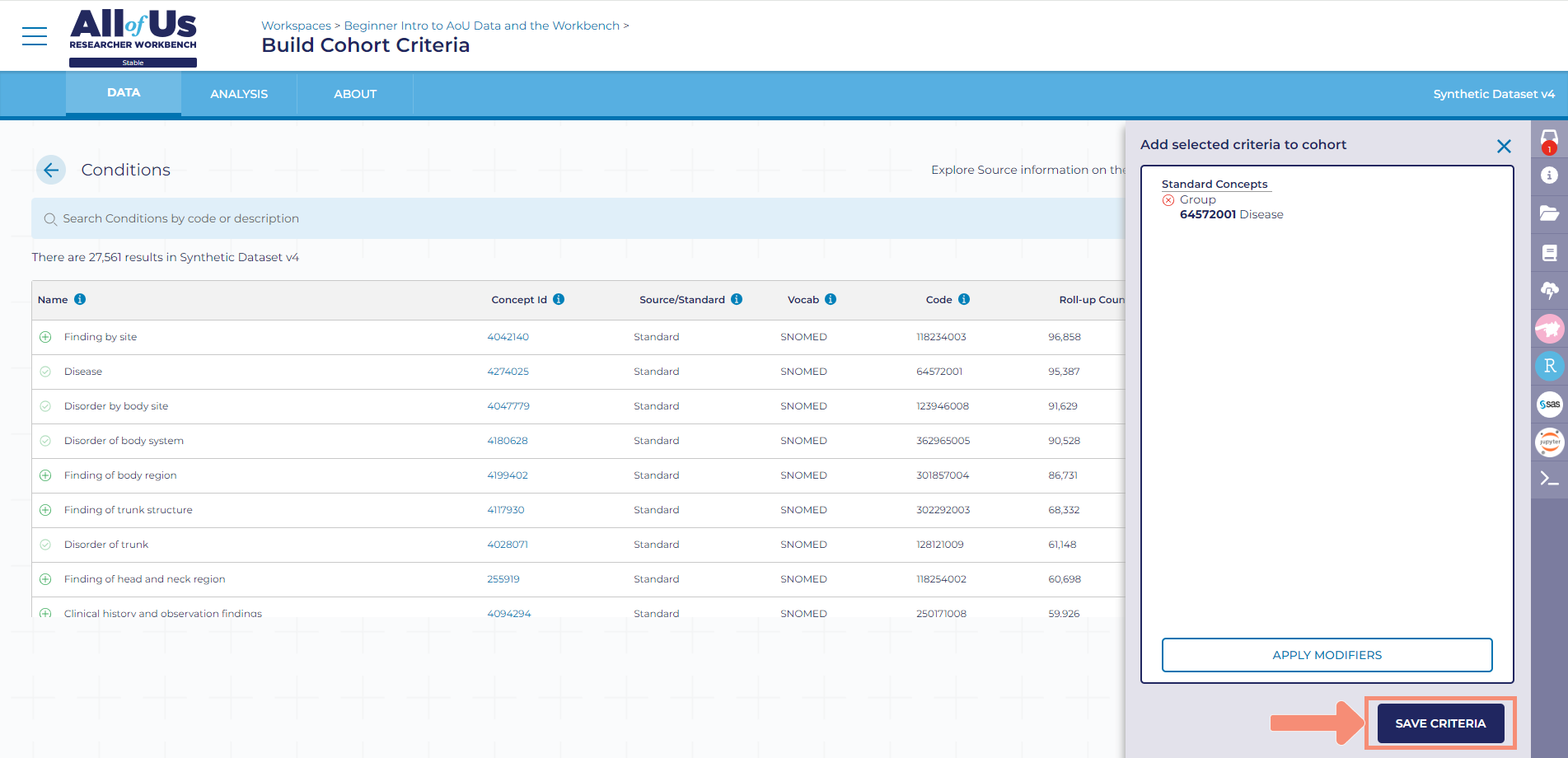After you click save criteria, the screen will return to the Build Cohort Criteria page. Next you will add the temporal feature.