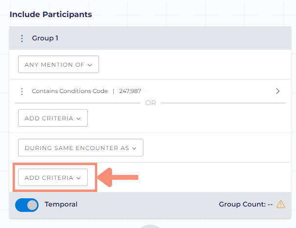 After clicking the add criteria button, a dropdown appears. You can search or browse through the program data, domains, and concepts available in the Researcher Workbench. This includes demographics, surveys, physical measurements, conditions, procedures, etc.