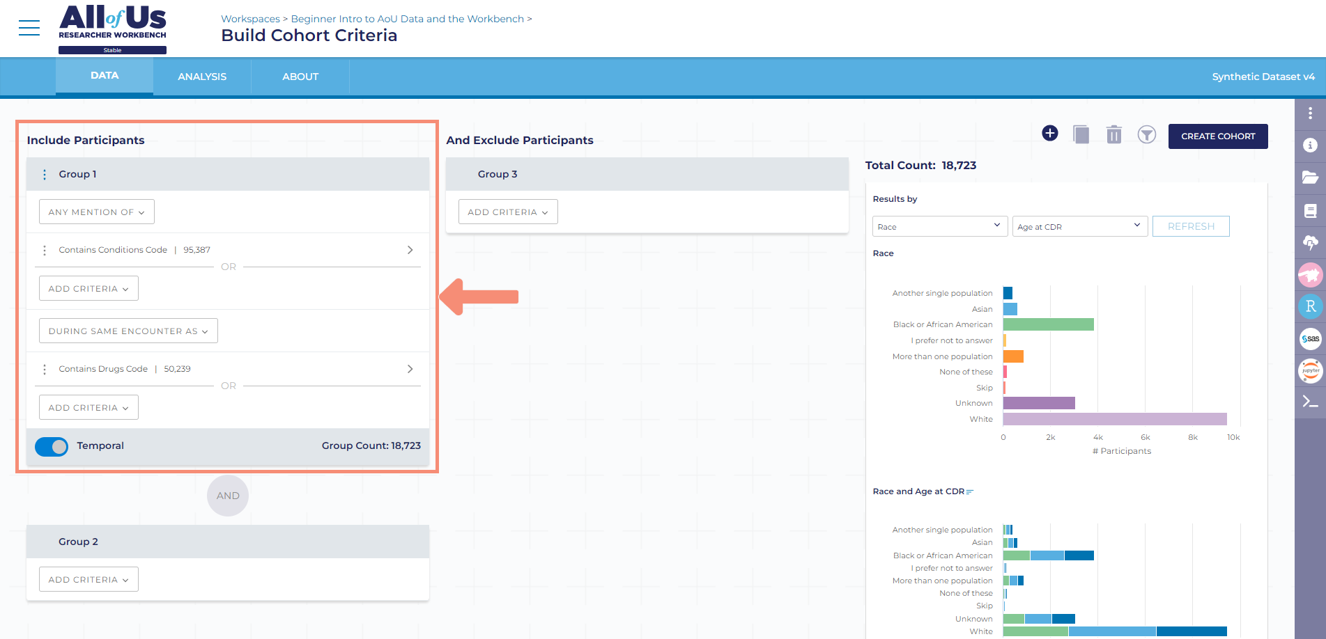 On the right panel, you can see a running total, or “Total Count” of participants that will be included in your research project’s cohort based on your inclusion criteria with the temporal feature. The refresh button is on the top right of the Total Counts section panel on the right of your Builder Cohort Criteria screen. In the Total Counts panel, you can see your cohort by race and race and age at CDR. On the top right of the Cohort Builder, there is a blue create cohort button.