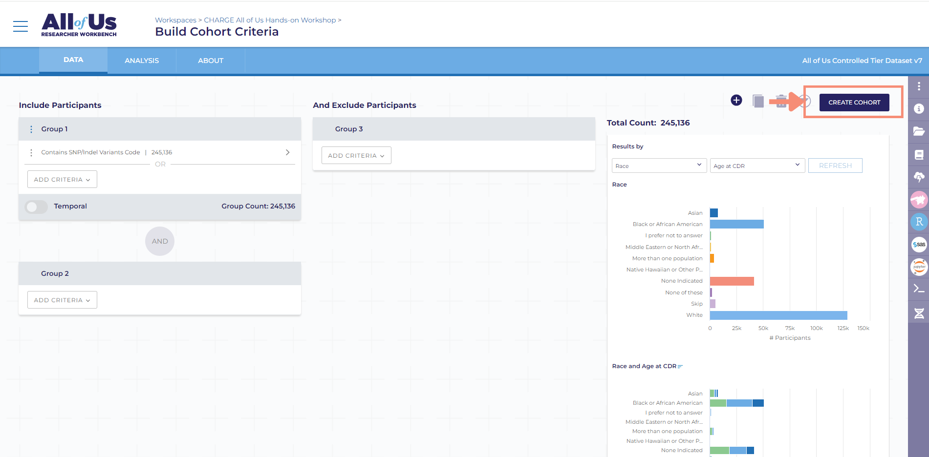 The blue create cohort button is in the top right of the Build Cohort Criteria screen.
