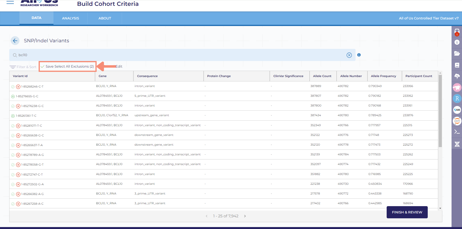 After clicking save select all exclusions, the pop-up on the right will reappear showing your selected criteria for your cohort. At the bottom right of the pop-up, there will be a blue save criteria button.