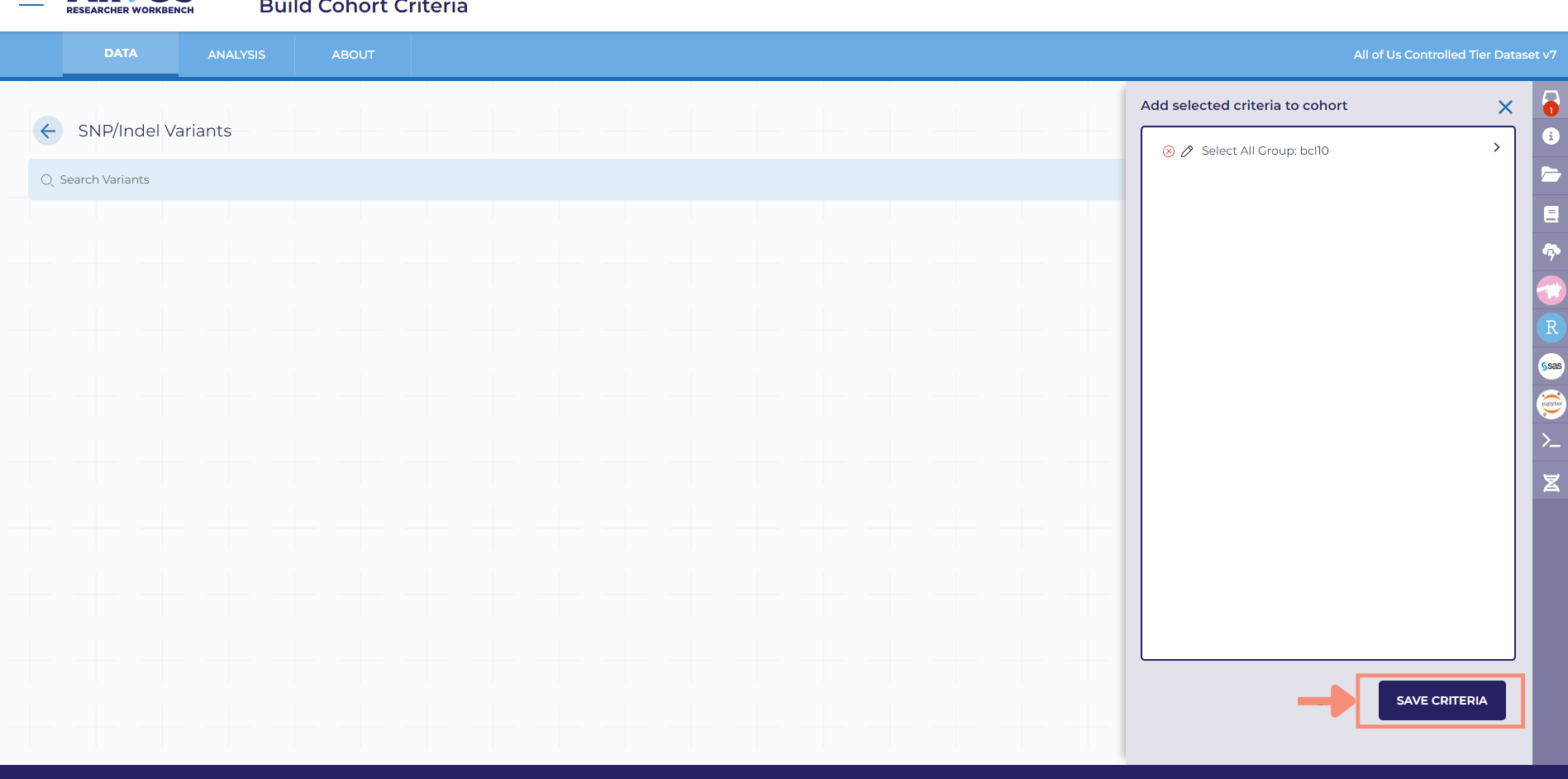 After you click save criteria, the screen will return to the Build Cohort Criteria page. In the top right of the Cohort Builder screen you will see a blue create cohort button.
