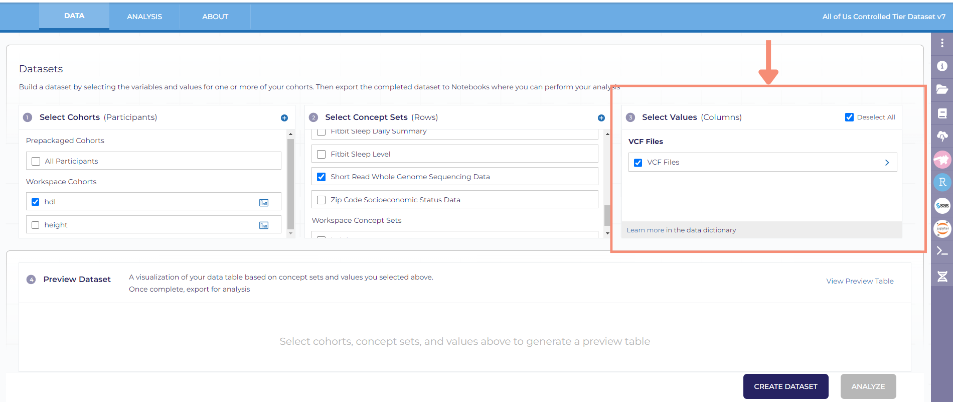 The select values column includes all the values available to you. For the short-read whole genome sequencing data concept set, you will see only VCF files as the values. To select the value, you will click the checkbox to the left of the value. After you’ve selected your cohort, the short-read whole genome sequencing data concept set, and the VCF files value, there will be a blue create dataset at the bottom right of the Dataset Builder screen.