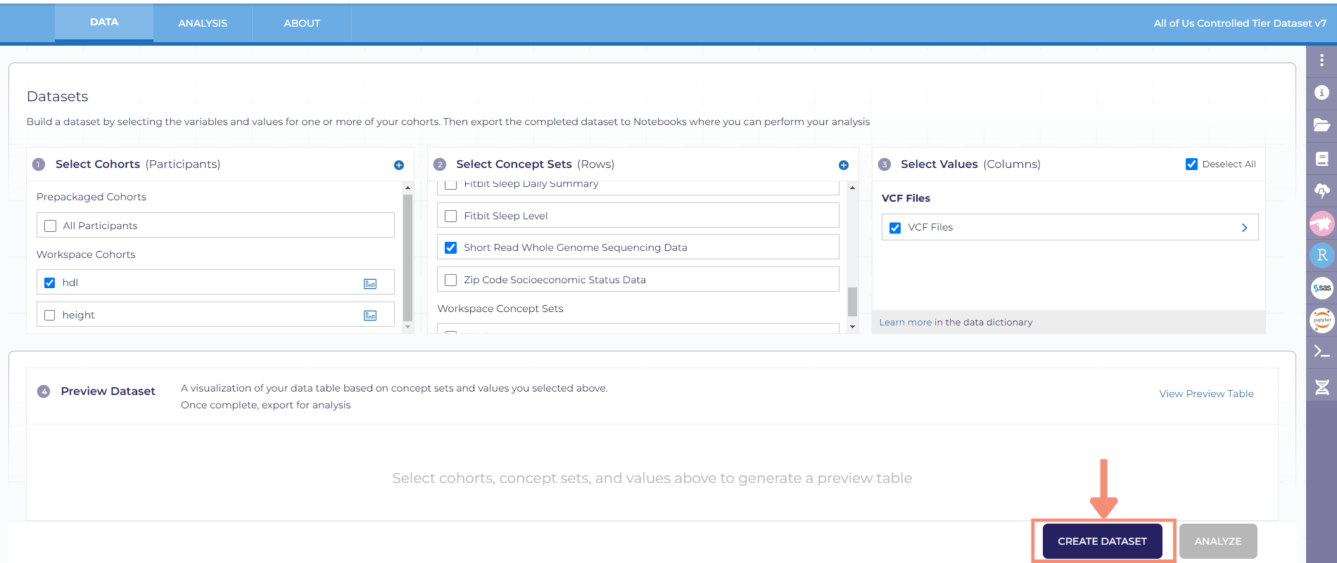 After clicking the blue create dataset button, a pop-up will appear with two text field boxes for naming and providing a description for your dataset.
