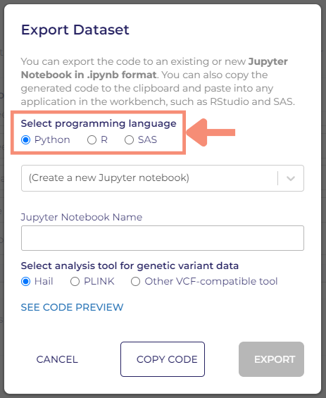 Select programming language is a radio button option with Python, R, and SAS options. Python is defaulted for the export dataset, so no action should be necessary.