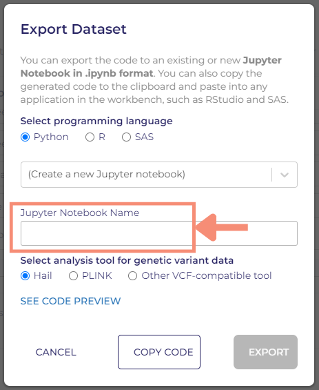 The Jupyter Notebook name field is an open text field.