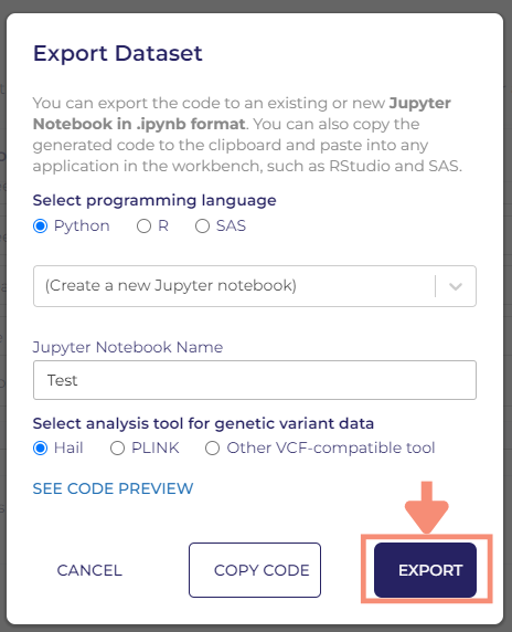 After clicking export, the Analysis tab of your workspace will appear with your Jupyter Notebook.