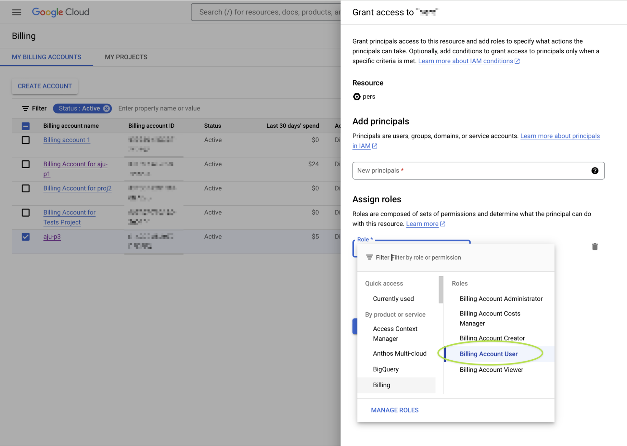 Billing account user selection